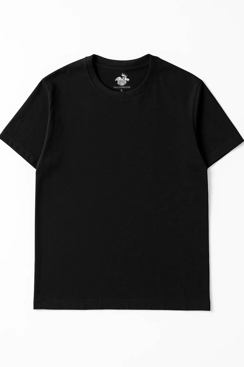 Plain black short-sleeve crew neck t-shirt laid flat on a white background.