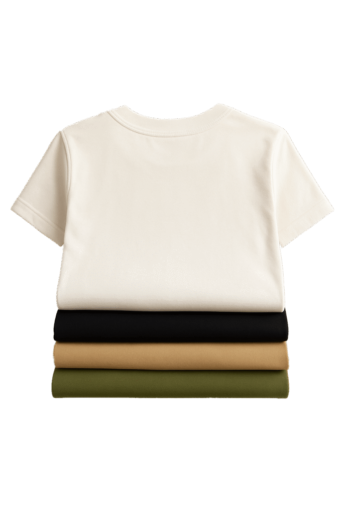 group of t shirts white, black, light beige, olive green