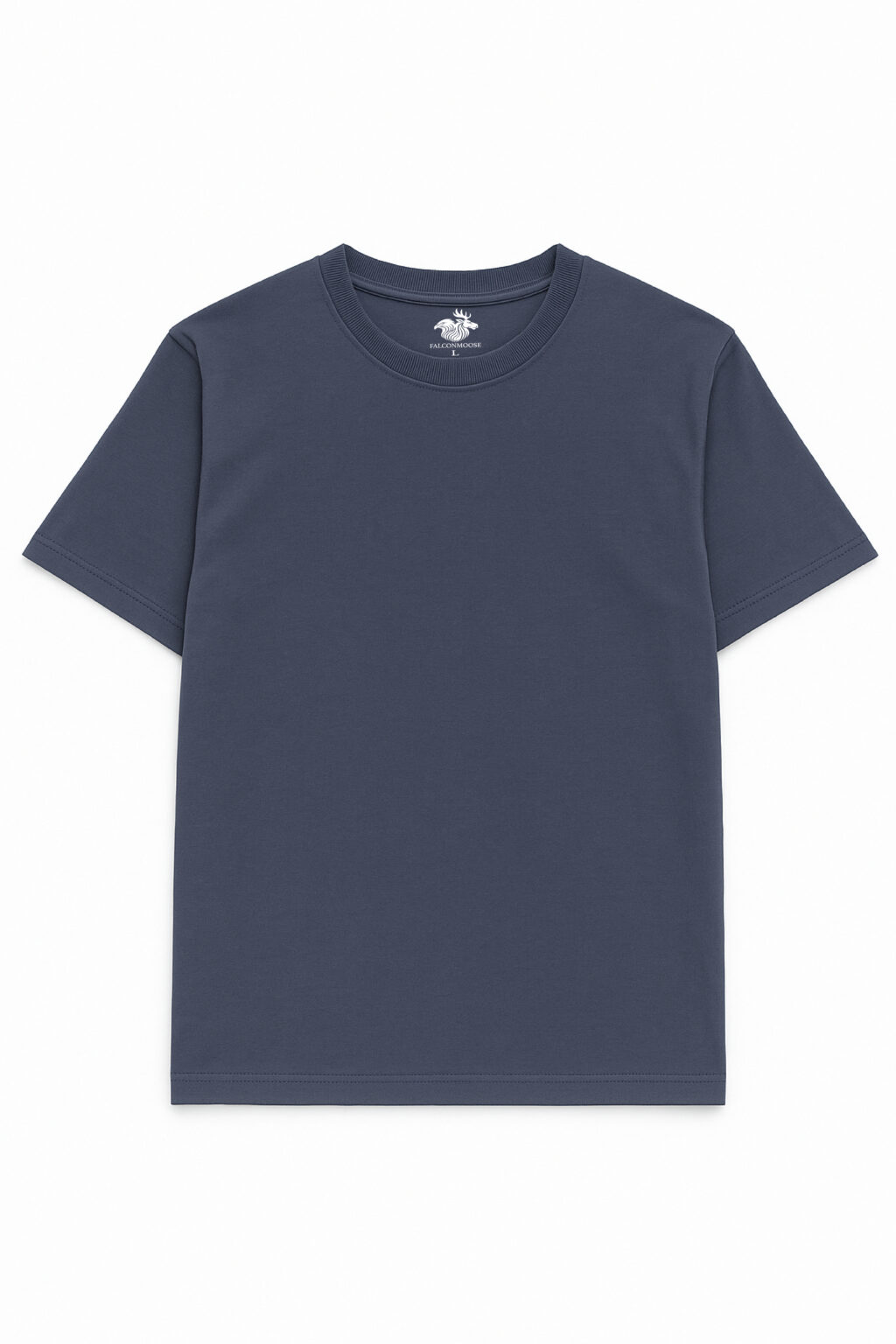 Plain slate blue short-sleeve crew neck t-shirt laid flat on a white background.