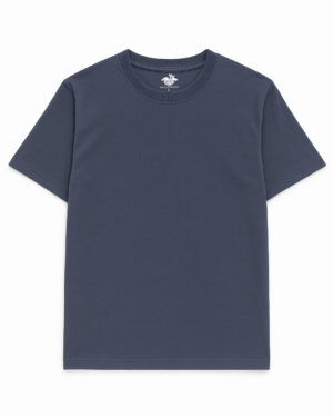Plain slate blue short-sleeve crew neck t-shirt laid flat on a white background.