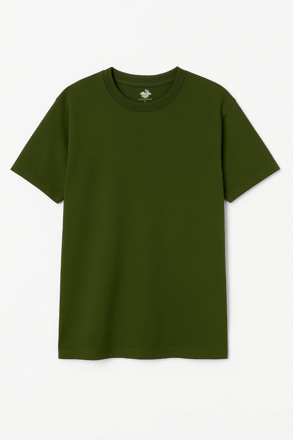 Plain olive green short-sleeve crew neck t-shirt laid flat on a white background.