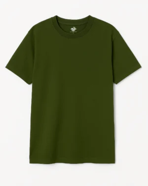 Plain olive green short-sleeve crew neck t-shirt laid flat on a white background.