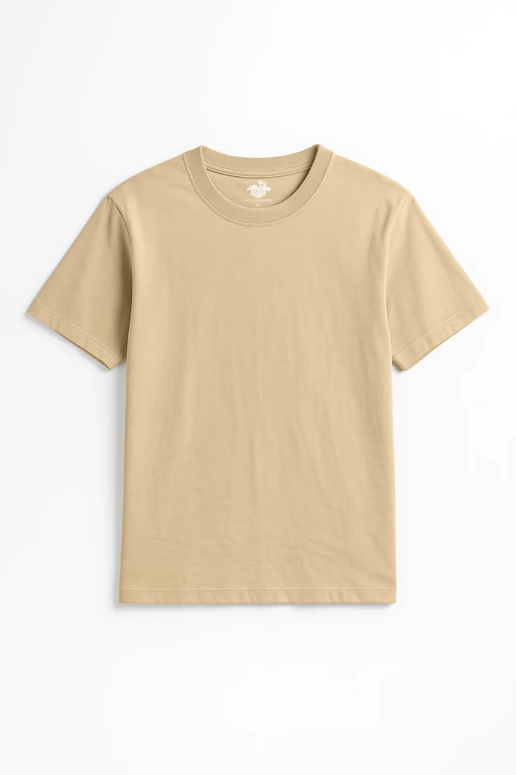 Plain light beige short-sleeve crew neck t-shirt laid flat on a white background.
