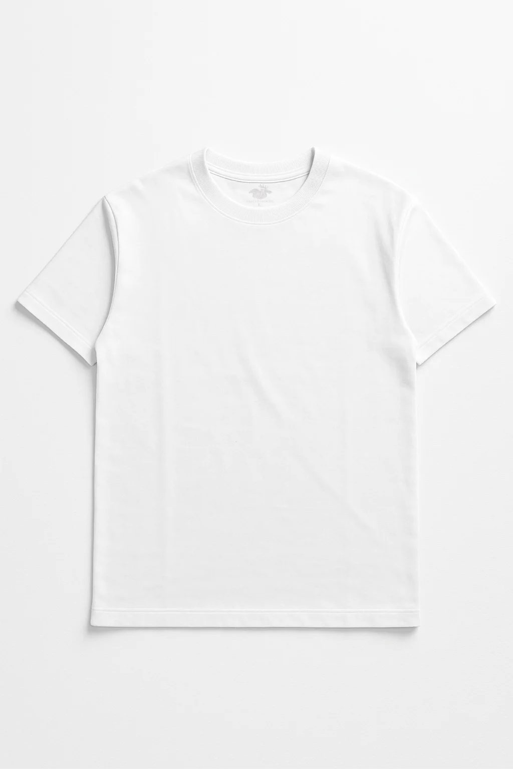 Plain white short-sleeve crew neck t-shirt laid flat on a white background.
