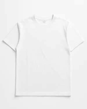 Plain white short-sleeve crew neck t-shirt laid flat on a white background.