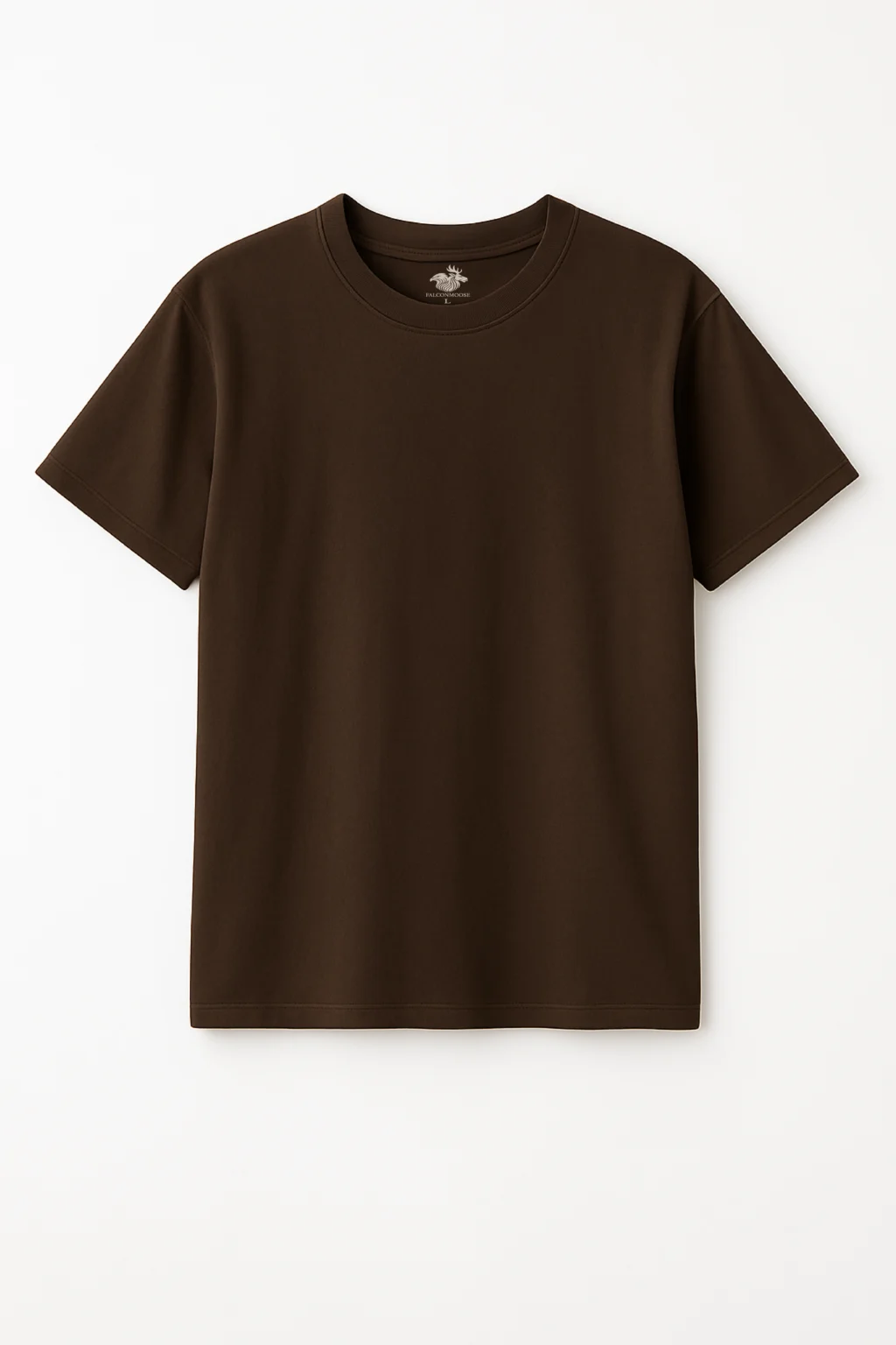 Plain dark brown short-sleeve crew neck t-shirt laid flat on a white background.