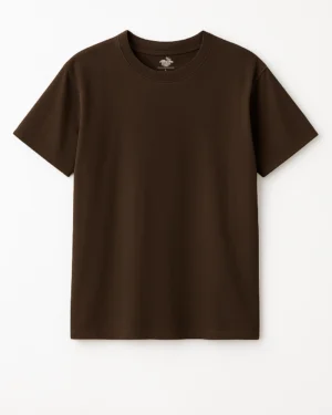 Plain dark brown short-sleeve crew neck t-shirt laid flat on a white background.