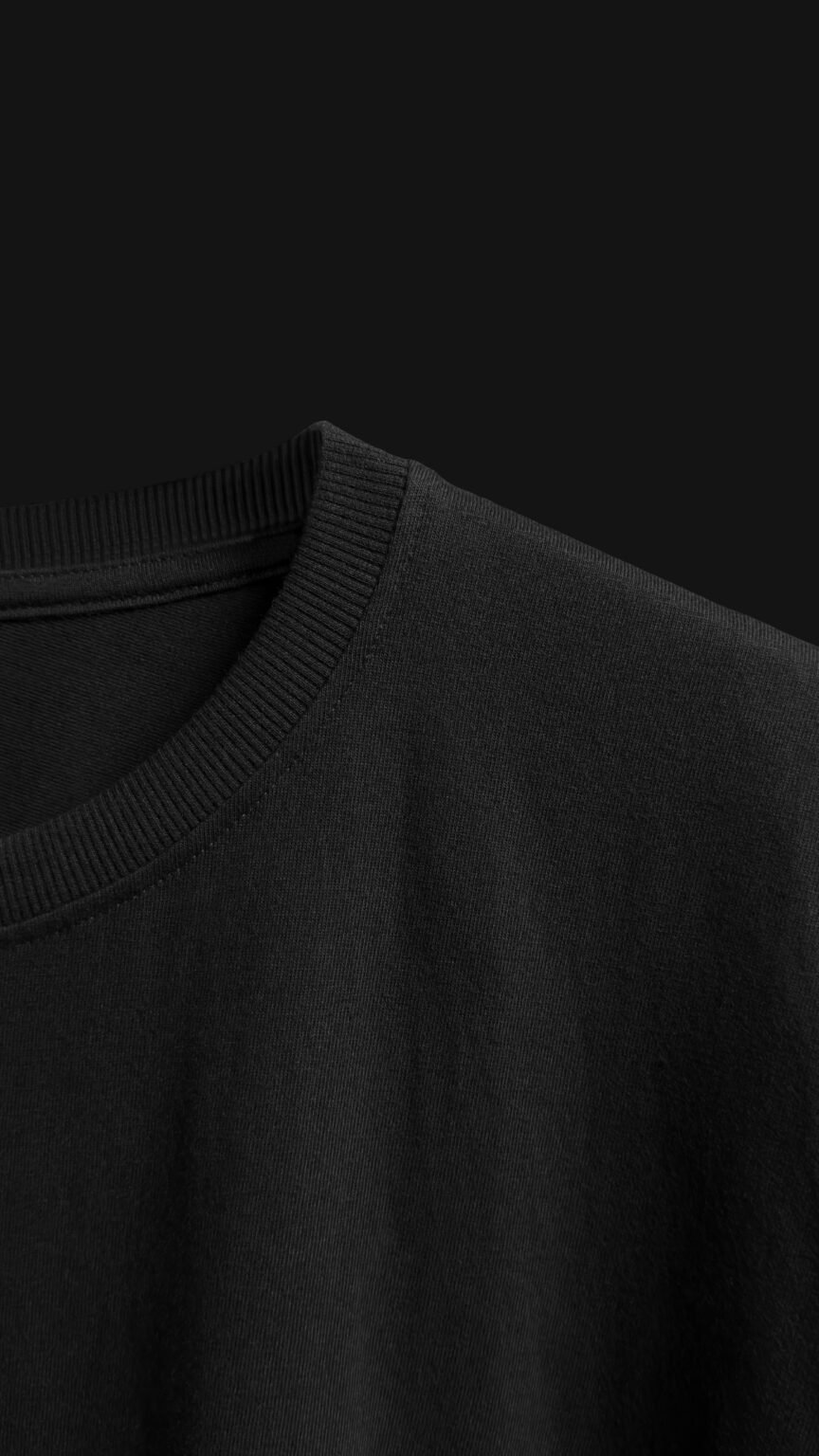 FalconMoose Noir Signature black oversized t-shirt right side close-up half front view ribbed neck and shoulder detail